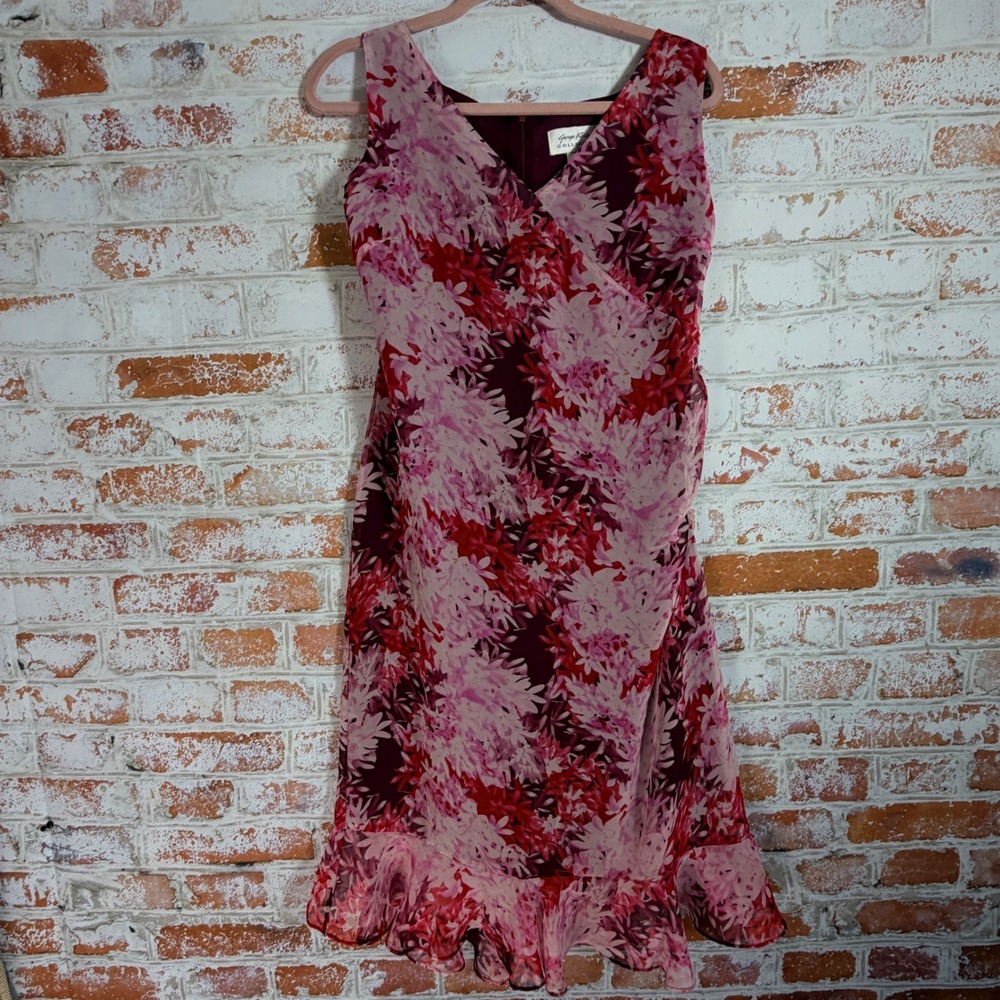 Giorgio Fiorlini Floral Midi Dress Womens 12 Pink Red Ruffle V-Neck Sleeveless